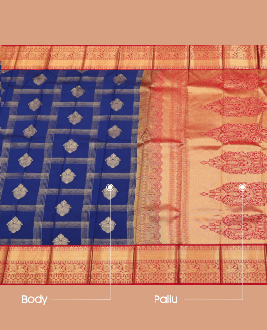 Blue Budget Silk Saree, Opulently Embellished with Zari Butta Enclosed Checks on Its Body, Complemented by a Contrast Traditional Zari Design Border, Grand Pallu, and Paired with a Contrast Blouse