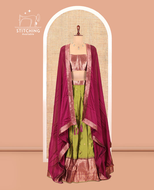 Parrot Green-Purple Semi-Silk Half-Saree, Zari Buttas Skirt, Contrast Traditional Zari Border, a Matching Blouse, a Contrast Blouse