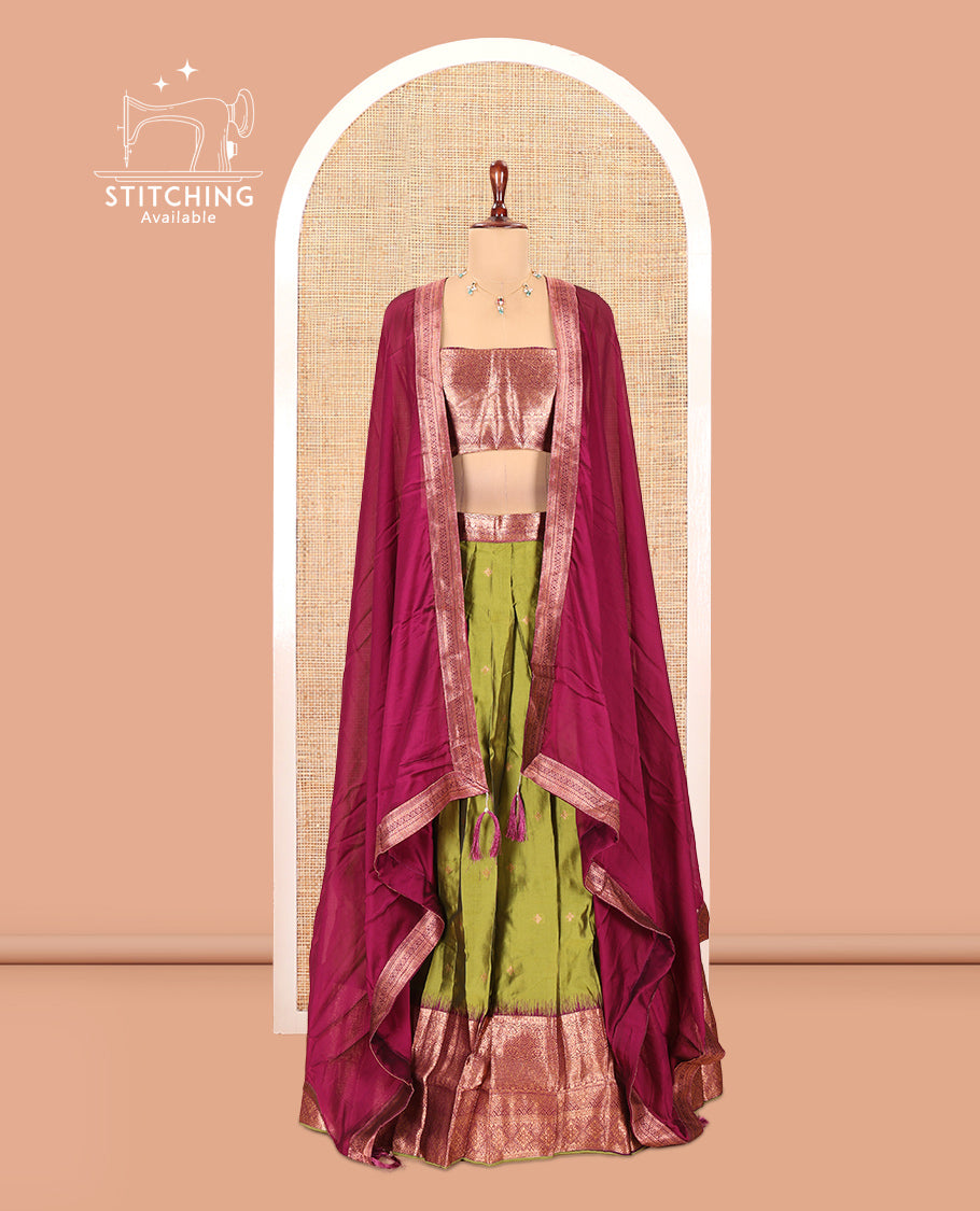 Parrot Green-Purple Semi-Silk Half-Saree, Zari Buttas Skirt, Contrast Traditional Zari Border, a Matching Blouse, a Contrast Blouse