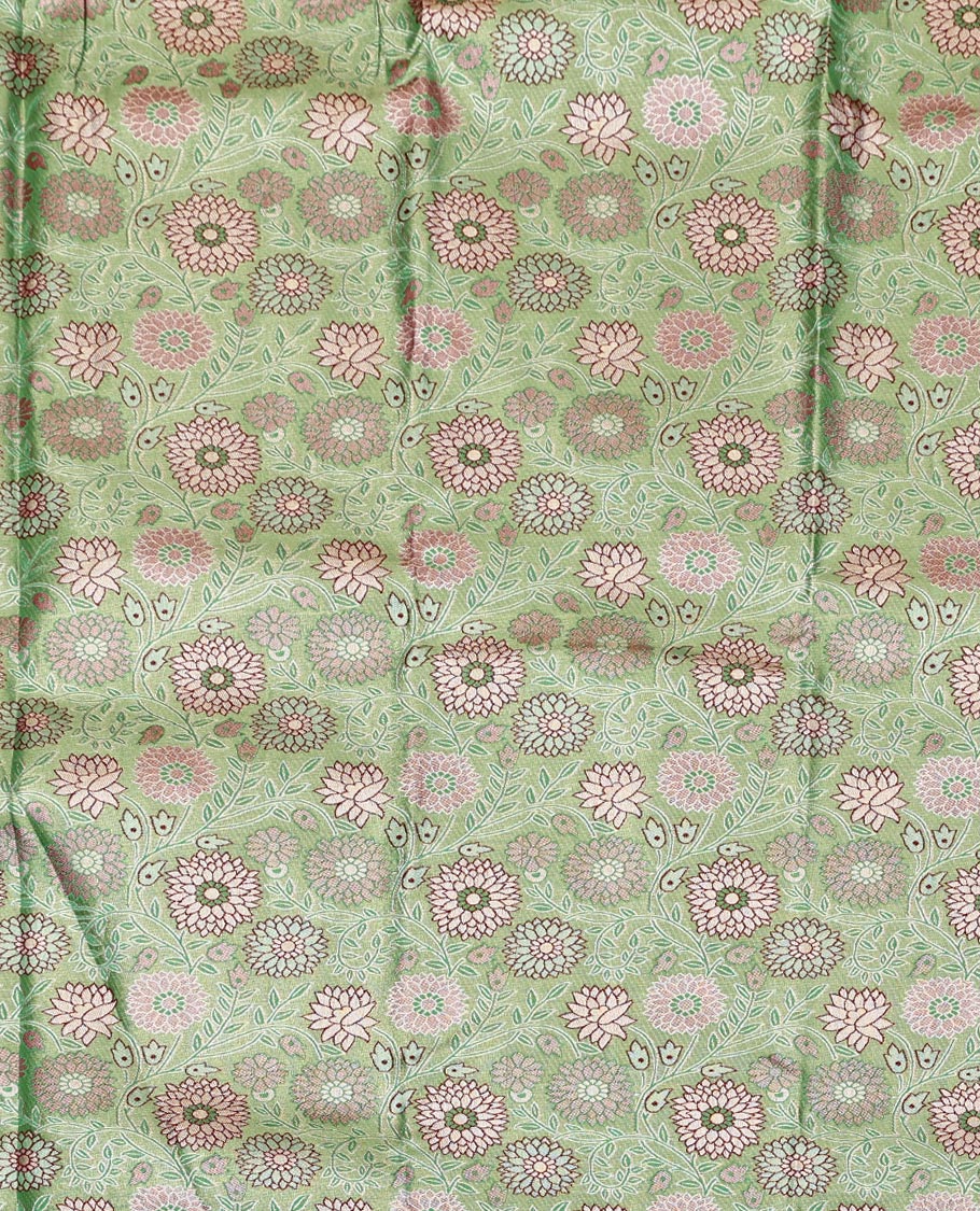 Green Art Silk Half-Saree, Enthralled with Jacquard Design, Contrast Floral Zari Design Border, Paired with a Contrast Jacquard Blouse, and an Intricate Dhavani