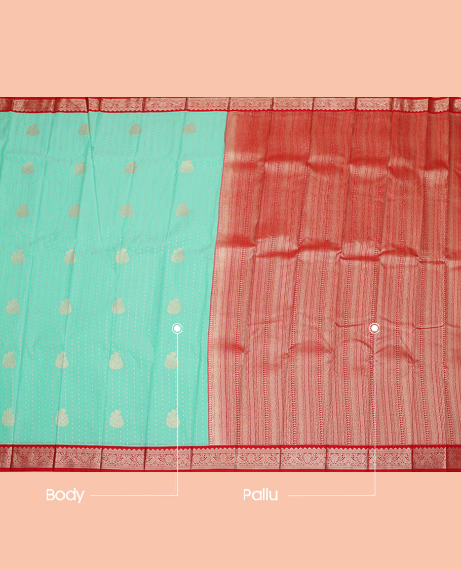 Turquoise Budget Silk Saree, Woven with Zari Buttas, Complemented by a Contrast Traditional Zari Peacock Border, Geometric-Patterned Pallu, and a Contrast Blouse
