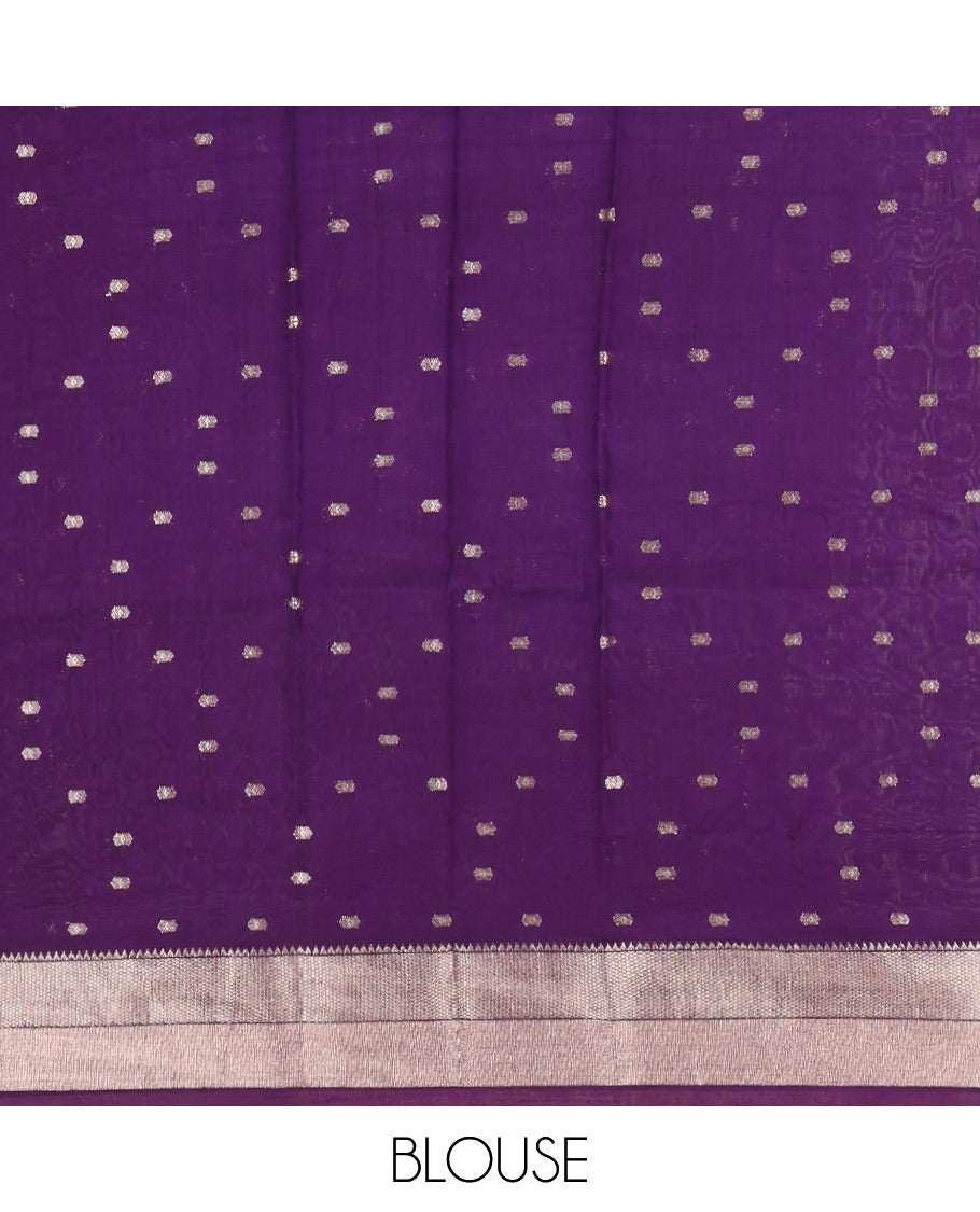 Blue Assam Silk Saree, Bedecked with Zari Buttas, Complemented by Contrast Zari Border,  Zari Woven Pallu, and Contrast Blouse