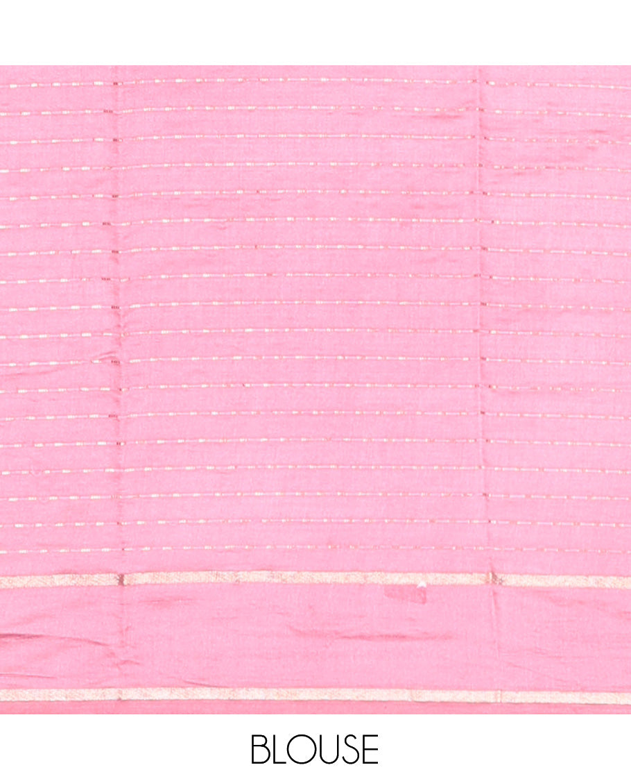 Pink Satin Silk Saree, Steeped in the Richness of Dotted-Stripes, Complemented by a Contrast Border, Grand Pallu, and a Contrast Blouse