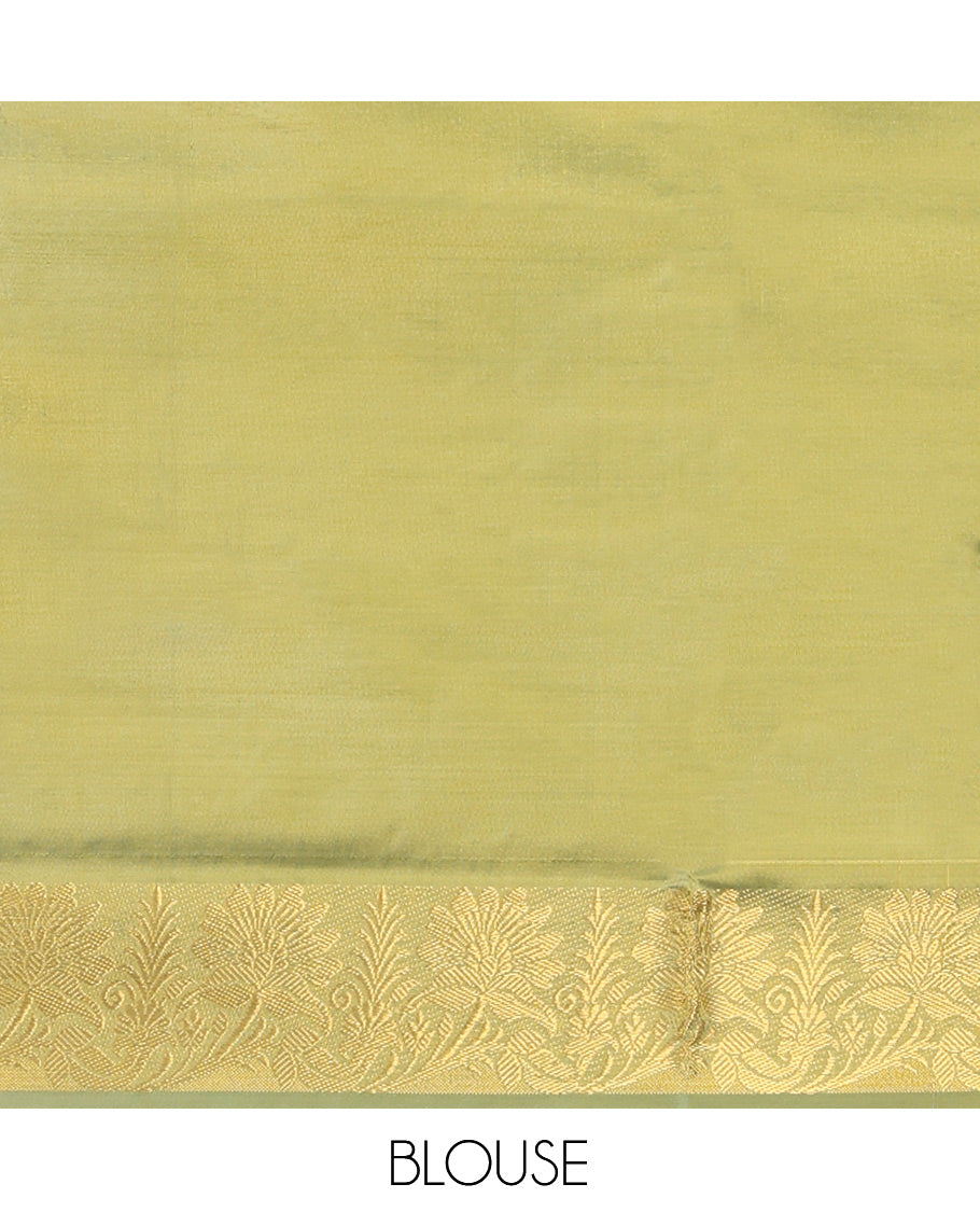Yellow Banana Pith Saree, Woven with Buttas, a Contrast Floral Zari Border, Pallu of Stripes and Buttas, and a Contrast Blouse