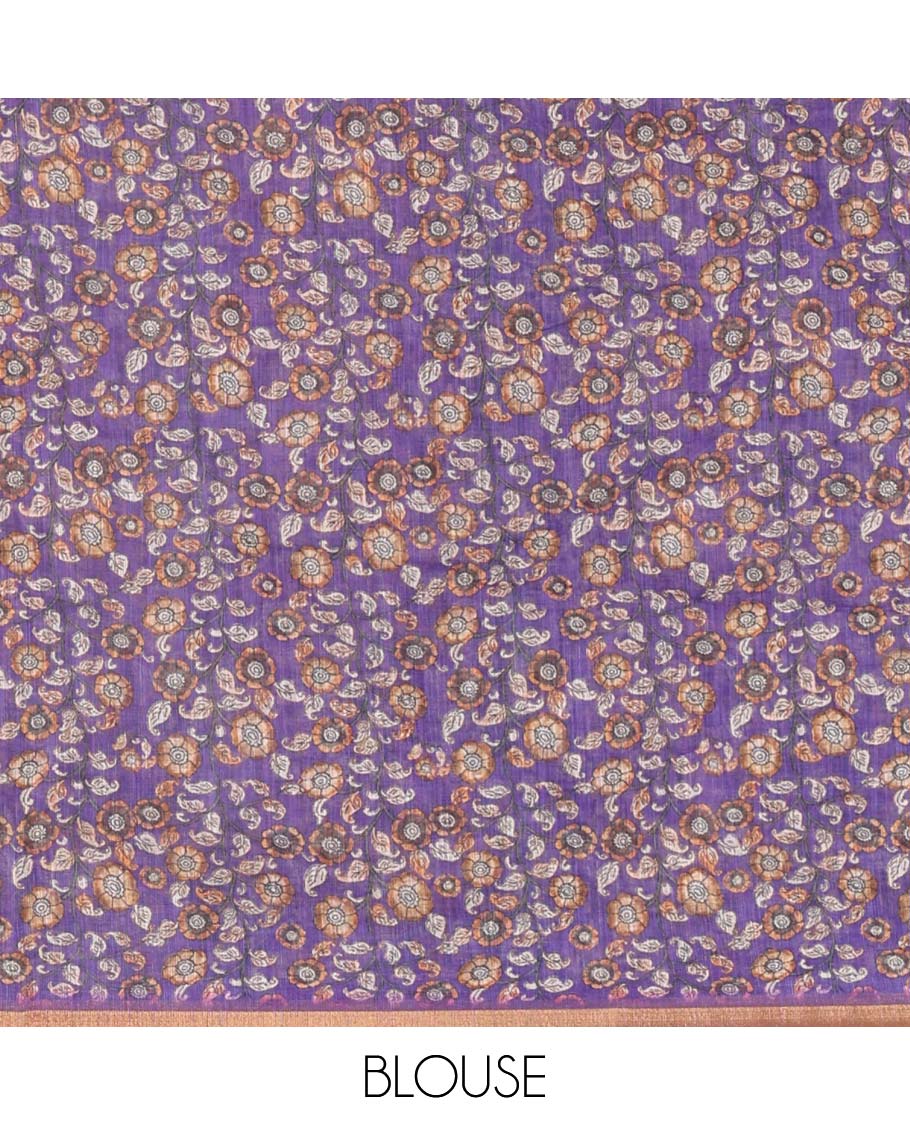 Grey argyle shibori printed linen cotton saree, contrast border, kalamkari floral vine printed pallu, and a contrast kalamkari printed blouse