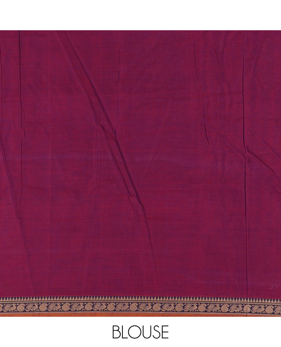 Purple plain mercerised cotton saree, contrast temple traditional border, striped pallu, and a matching blouse