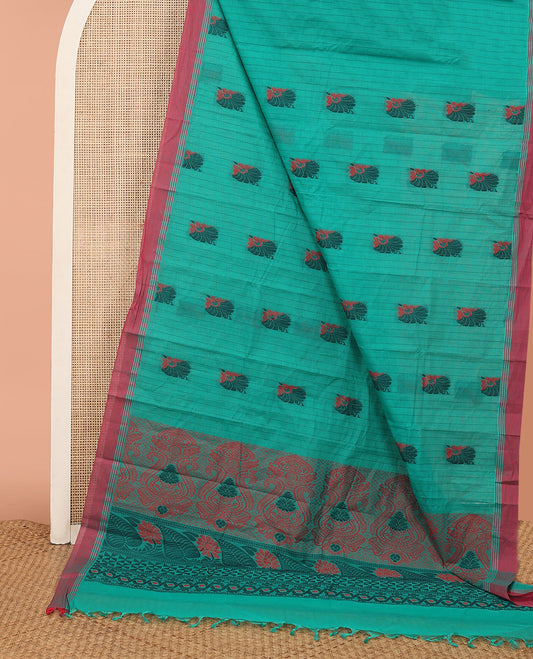 Blue Kanchi Cotton Saree, Prettified with  Stripes and Thread Buttas All Over Its Body, Complemented by a Contrast Border, Pallu Features Intricate Designs, and Paired with a Matching Blouse