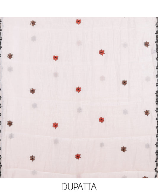 Cream-Rust Mul Chanderi Material Chudidar, Floral Embroidery Top, Matching Bottom, Floral Embroidery Dupatta