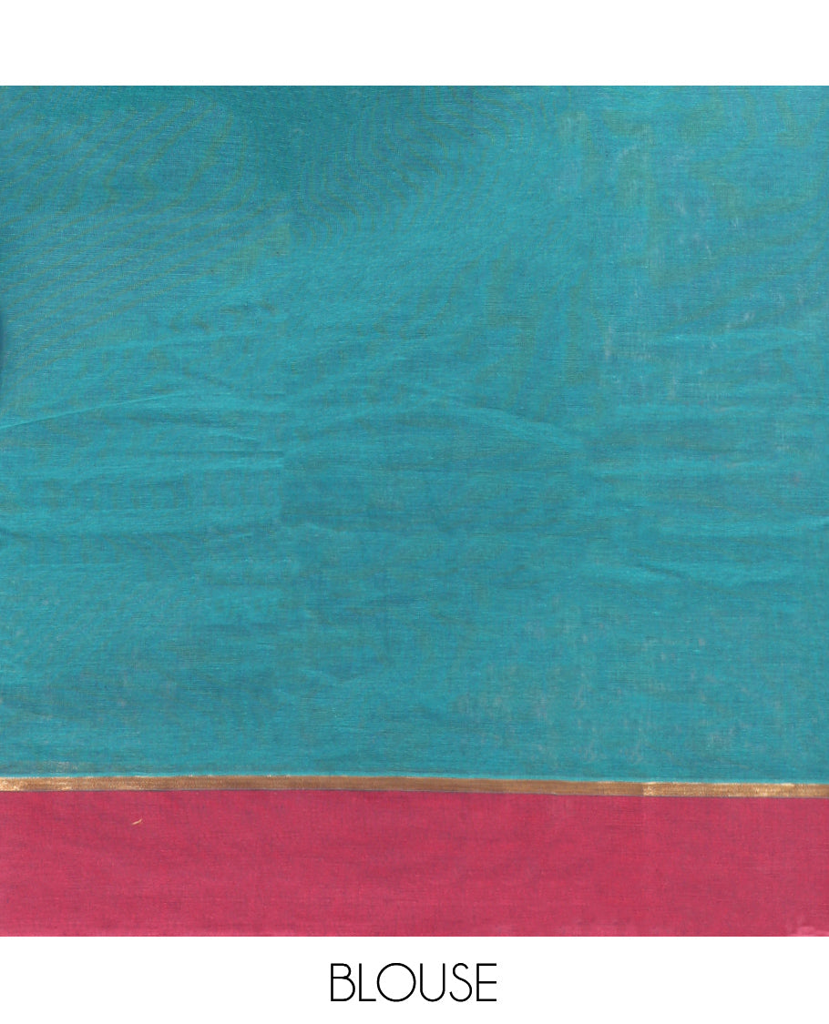 Blue Kanchi Cotton Saree, Adorned with a Geometric Design on Its Body, Complemented by a Contrast Unique Design Border, Intricate Pallu, and a Matching Blouse