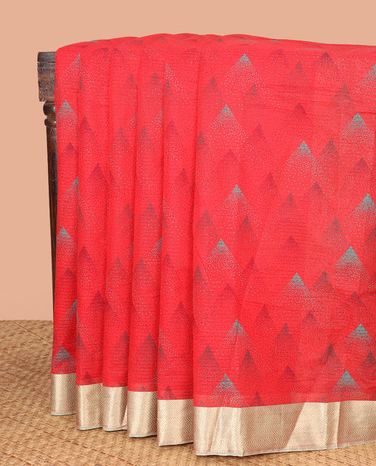 Red Chirala Cotton Saree, Subtly Sparkled with Triangle Printed All Over Its Body, Complemented by a Contrast Chevron Zari Border, Pallu Features Paisley and Peacock Block Print, and Paired with a Contrast Blouse