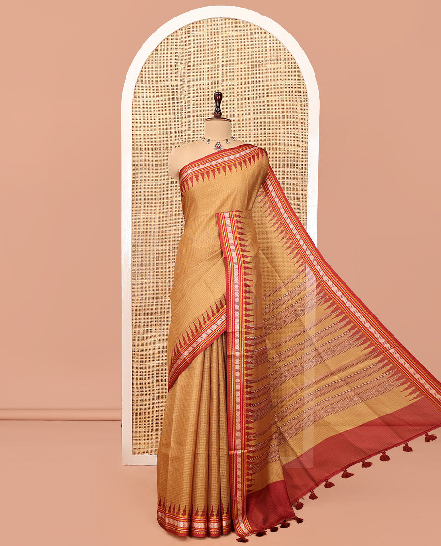 Mustard Kota Saree, Contrast Temple Thread Traditional Border, and a Contrast Blouse