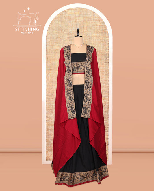 Black Cotton Half-Saree Features Plain Skirt, a Contrast Peacock Border, a Matching Blouse, and a Contrast Peacock Dhavani