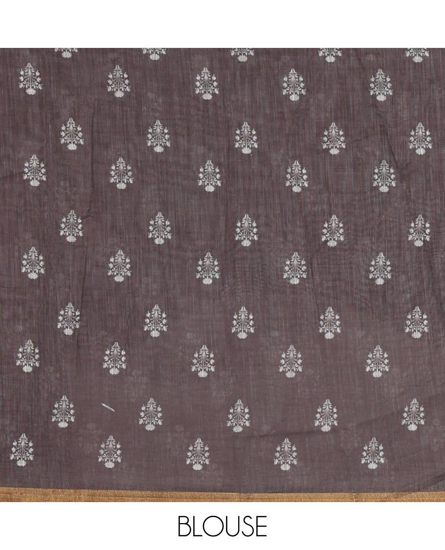 Multi-color abstract-style floral printed linen saree, zari border, printed pallu & unique butta printed blouse