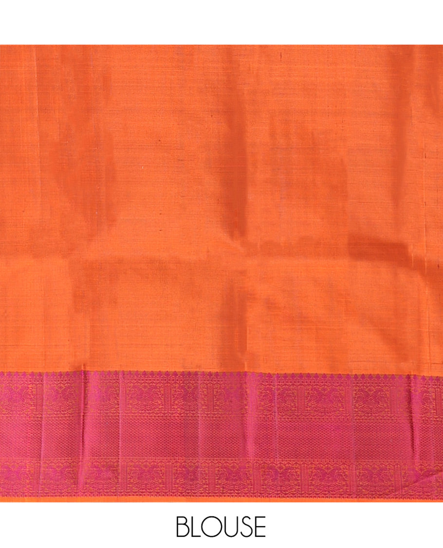 Green Kanchipuram Silk Saree, Accentuated with Thread Buttas All Over Its Body, Complemented by Contrast Border of Iruthalai Pakshi,  and Mayil Kann Designs, Jaal Pallu, and Paired with a Contrast Blouse