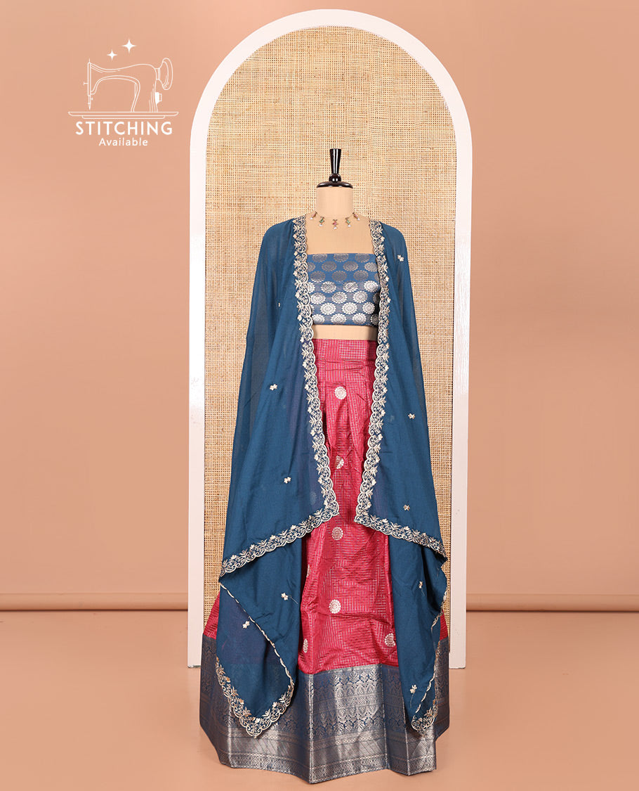 Rani Pink and Blue Banarasi Silk Half-Saree Featuring Micro-Checks and Chakram Buttas Woven Skirt, Complemented by Contrast Traditional Zari Design Border, Paired with a Jacquard Blouse, and a Rangoli Georgette Embroidered Dhavani