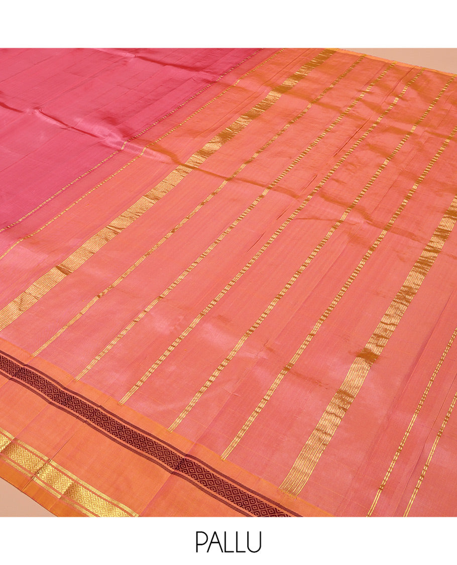 Pink Plain Kanchipuram Silk Saree, Complemented by a Contrast One-Sided Rettai Pettu Mayil Kann Border, Zari Striped Pallu, and No Blouse