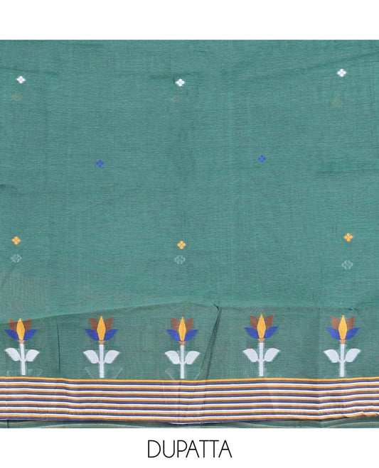 Green Mul Chanderi Material Churidar Features Jamdani-Style Meena Buttas Top, a Plain Bottom, and a Jamdani-Style Dupatta