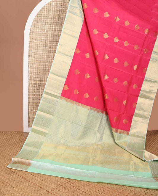 Red leaf buttas silk saree with contrast intricate zari design border & checked floral design pallu