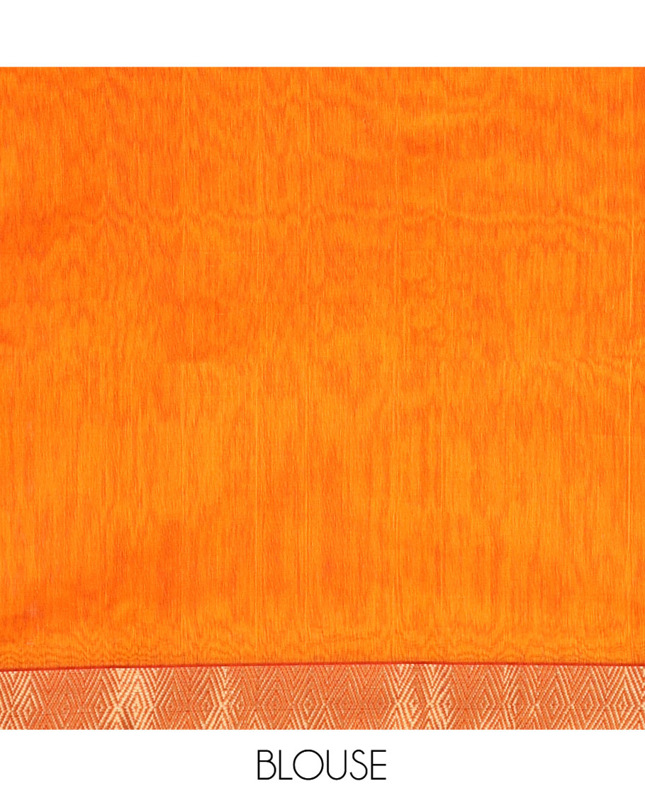 Orange Maheshwari Cotton Saree, Subtly Enriched with Buttas on Its Body, Highlighted by Chevron Zari Design Border, Pallu of Zari Designs, and Paired with a Matching Blouse