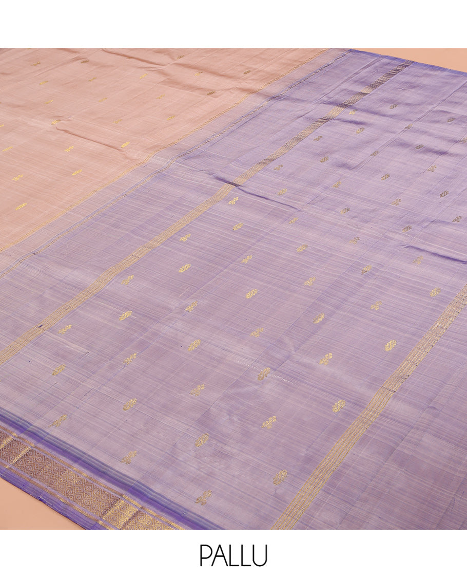 Pale Pink Kanchipuram Silk Saree, Adorned with Zari Buttas, a Contrast One-sided Jaal Design Border, Zari Woven  Pallu, and No Blouse