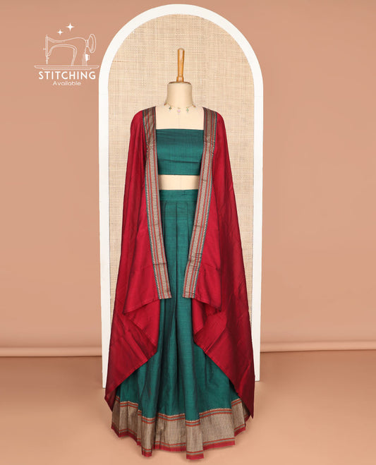 Green cotton half saree with contrast intricate zari design border, zari design blouse & zari design border dhavani
