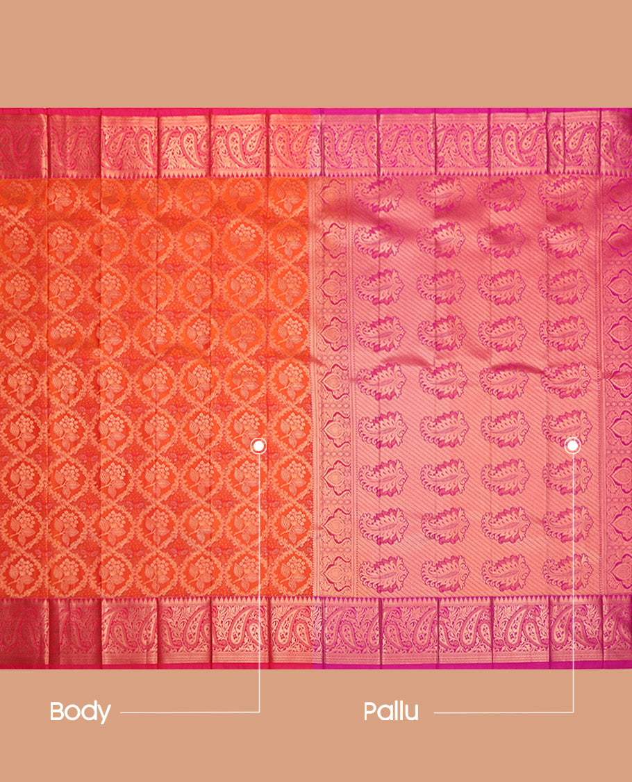 Orange Budget Silk Saree Showcasing Jacquard Design, Complemented by Contrast Paisley Zari Border, Grand Pallu, and a Contrast Blouse