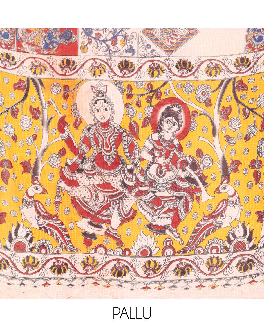 Sandal Kalamkari Cotton Saree Features Floral, Fauna, and Ancient Human Motifs Print, Contrast Printed Border, Peacock Pallu, and a Contrast Blouse