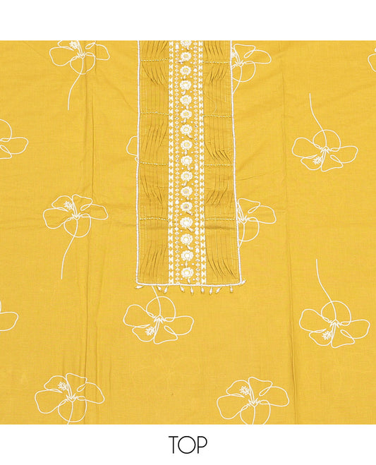 Yellow Cotton Material Churidar Set, Prettified with Floral Print and Embroidery Top, Floral Bottom, and a Printed Dupatta