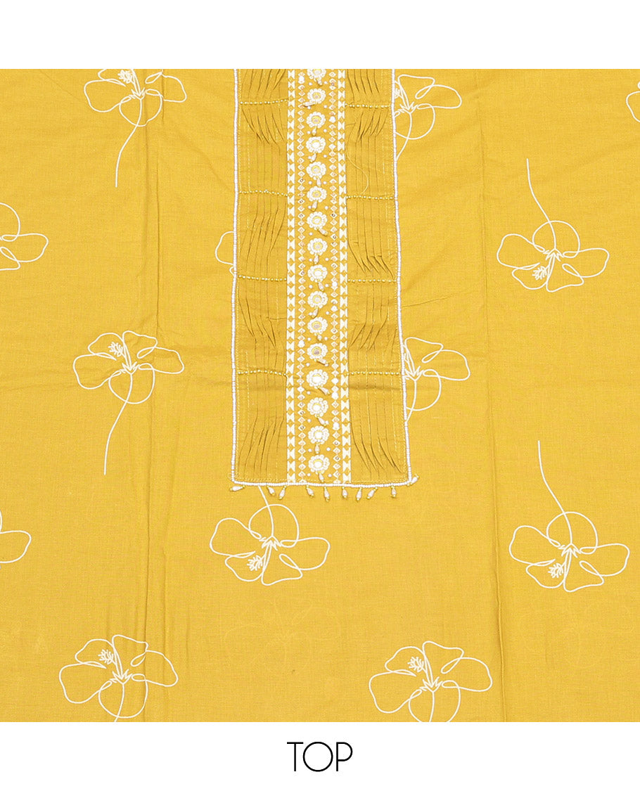 Yellow Cotton Material Churidar Set, Prettified with Floral Print and Embroidery Top, Floral Bottom, and a Printed Dupatta