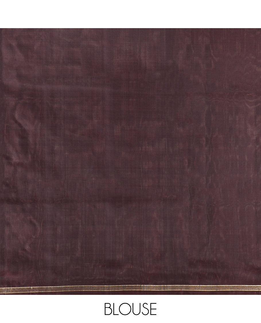 Brown Mayuri Lite Silk Mix Saree, Ornamented With Floral-Macaw Buttas, a Subtle Piping Border, Geometric Pallu and a Matching Blouse