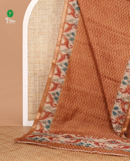 Mustard semi-dupion saree with zig-zag stripes in golden color zari, pochampally ikkat border of traditional zari design & pallu of pochampally-style print