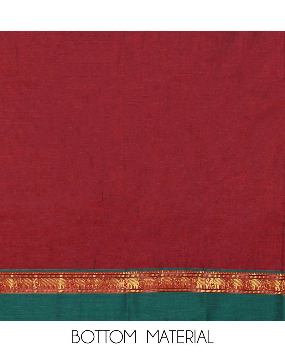 Maroon Plain Mercerised Cotton Material Churidar Set, Complemented by Contrast Elephant Motifs Woven Zari Border, Comes with a Plain Mercerised Cotton Bottom, and Is Paired with a Matching Mercerised Cotton Dupatta Mirroring the Same Design