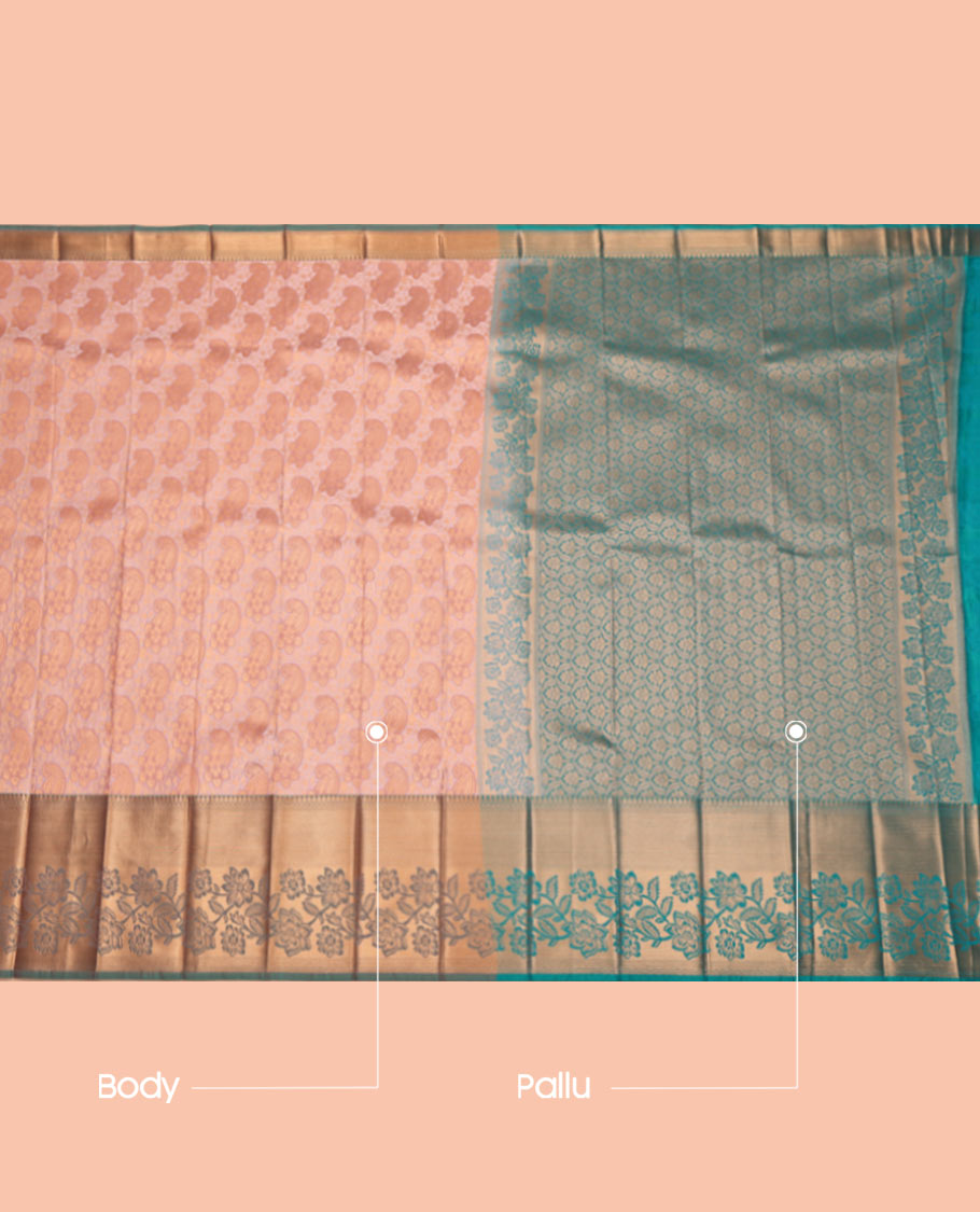 Peach Budget Silk Saree, Spotlighted with a Jacquard Design, Complemented by a Contrast Floral Creeper Zari Border, Grand Pallu, and Contrast Blouse