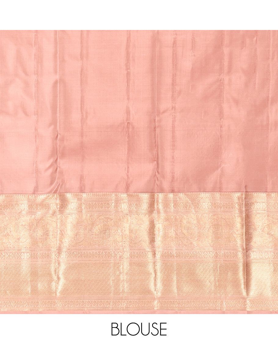 Rosewood Pink Vasundhara Silk Saree, Crafted with Zari Buttas and Stripes, a Contrast Border of Thilakam Mokku, Cross Kamalam, and Mayil Designs, Grand Pallu, and Contrast Blouse