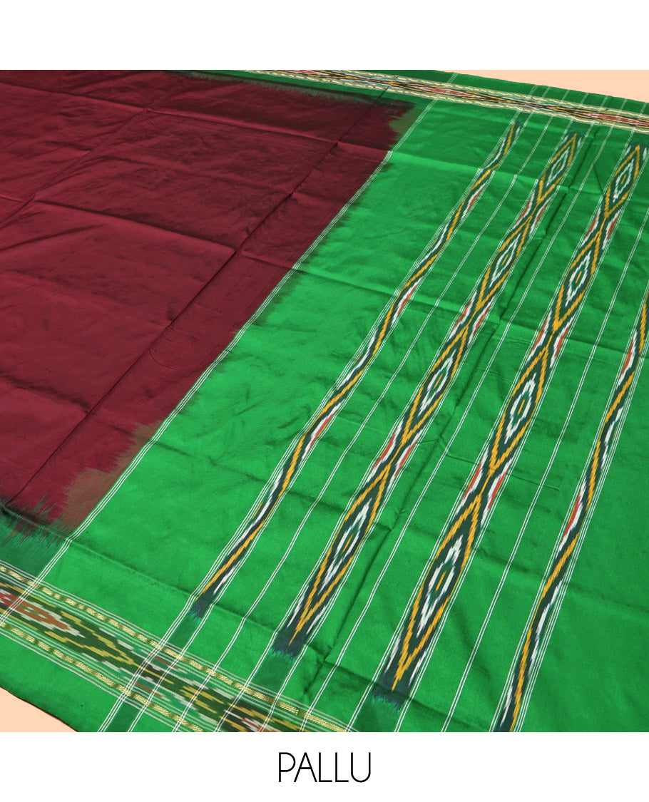 Maroon Plain Pochampally Ikat Silk Saree, Complemented by a Contrast Ikat Border, Ikat-Style Pallu, and No Blouse