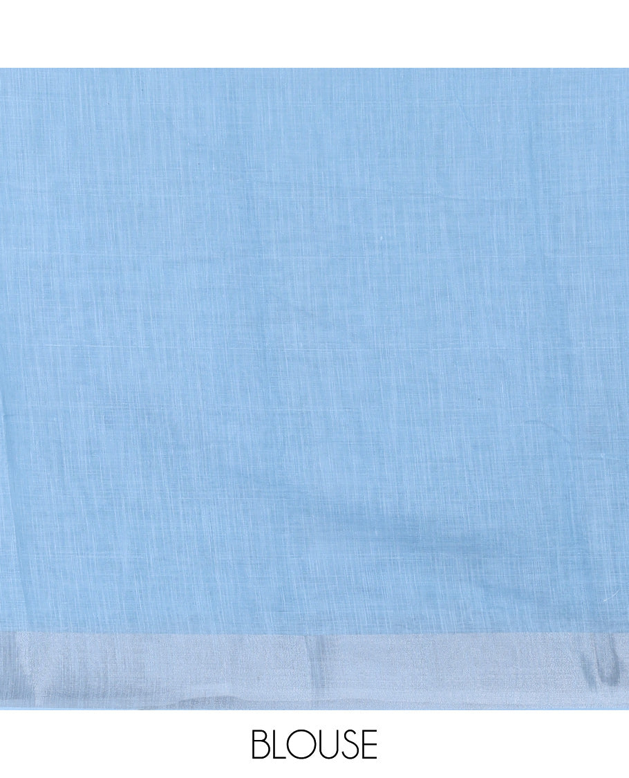 Blue Linen Cotton Saree, Accentuated with a Bird Print, a Subtle Zari Border, and a Matching Blouse