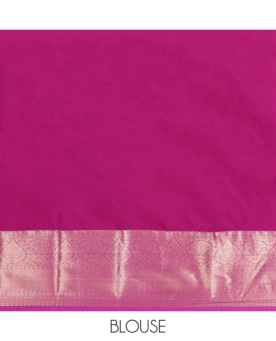 Sandal Budget Silk Saree, Sparsely Sparkled with Zari Buttas on Its Body, Complemented by a Contrast Traditional Zari Design Border, Opulently Embellished Jaal Pallu, and Paired with a Contrast Blouse
