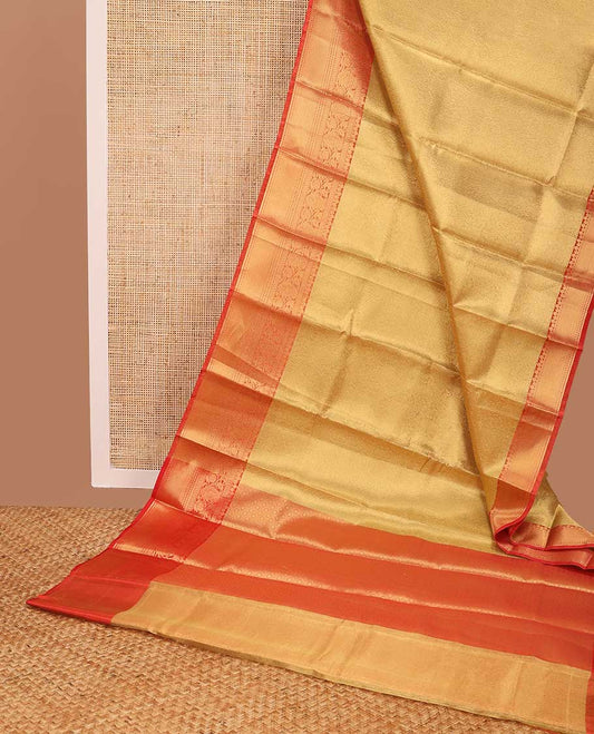 Light brown floral jacquard tissue saree with contrast zari design border & floral zari design pallu