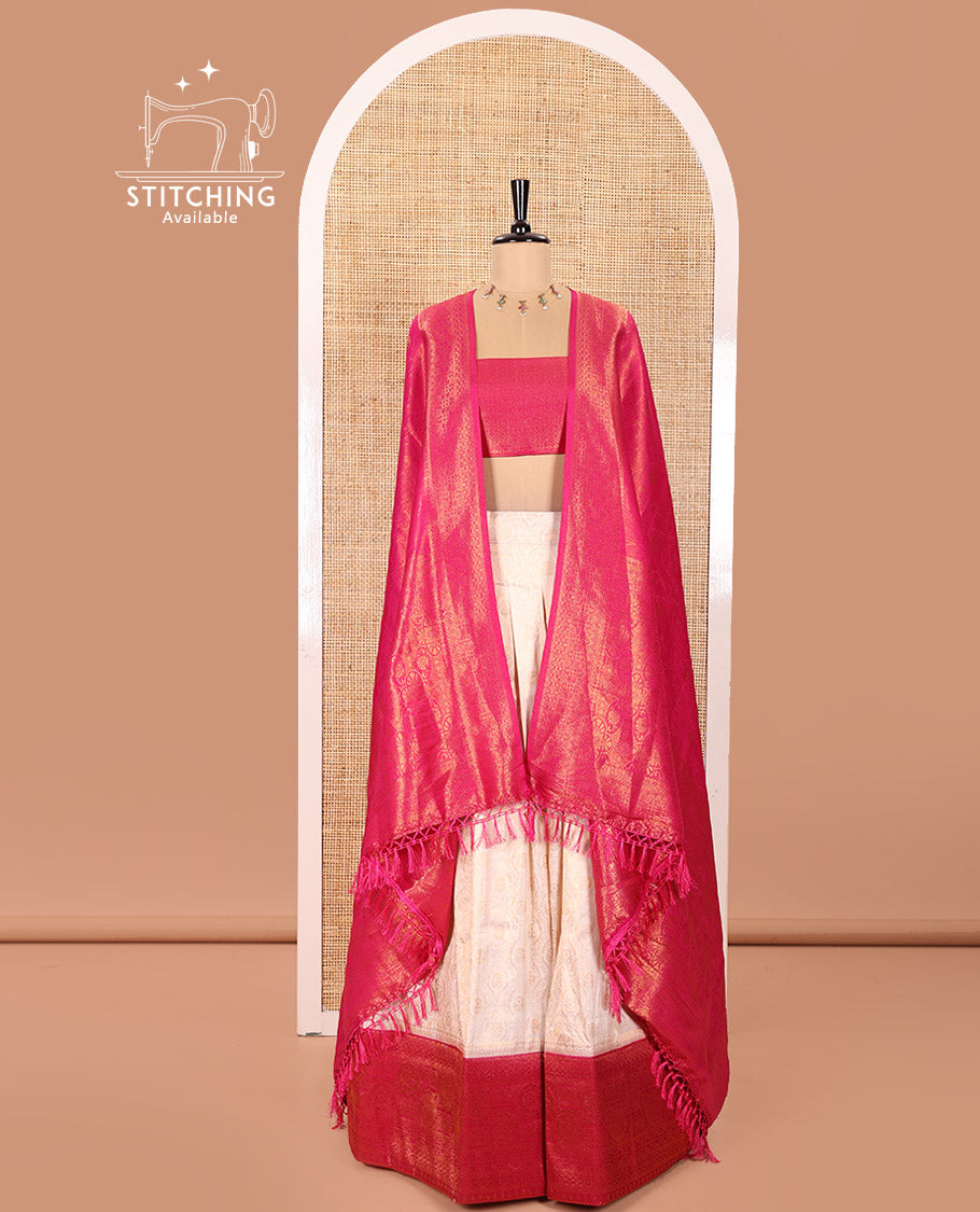 Cream and Magenta Banaras Softy Half-Saree Featuring Jacquard Design All Over the Skirt, Elevated with a Contrast Geometric Zari Design Border, Paired with a Jacquard Blouse, and a Banaras Softy Dhavani with Floral Jaal Jacquard Design
