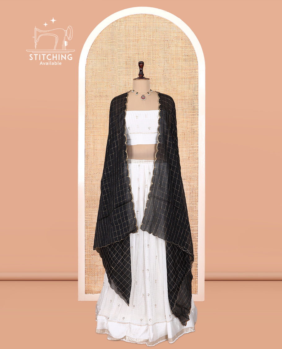 Cream-Black Viscose Georgette Half-Saree, Buttas Skirt, Matching Blouse, Contrast Checked Dhavani