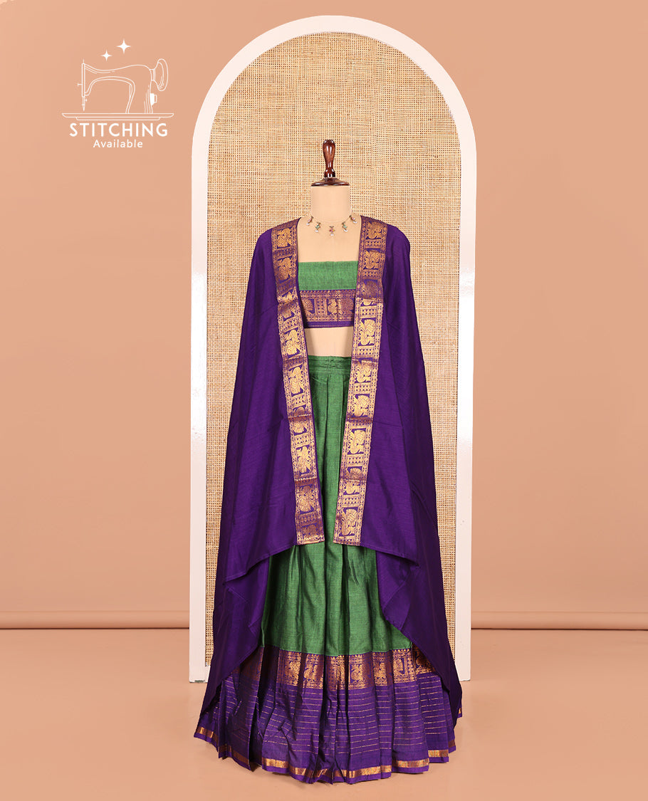 Green-Blue Mercerised Cotton Half Saree Features a Plain Skirt, a Contrast Traditional Zari Border, a Matching Blouse, and a Contrast Dhavani
