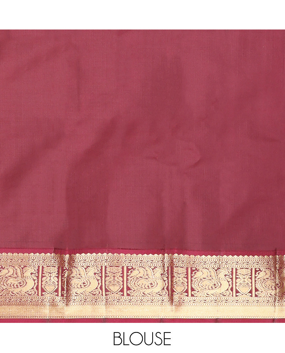 Yellow Vasundhara Silk Saree, Woven with Zari Buttas, Contrast Border of Muthu, Mayil, and Yaanai Designs, Grand Pallu, and Contrast Blouse