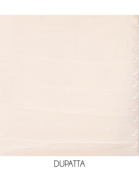 Cream Mul Chanderi Material Churidar Features a Floral Outline Embroidered Top, a Santoon Bottom, a Scallop Threadwork Dupatta