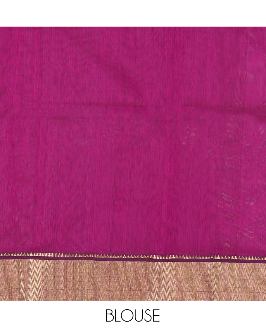 Magenta Maheshwari Cotton Saree, Graced with Buttas, Highlighted by a Semi-Contrast Traditional Zari Border, Pallu of Paisleys, and a Matching Blouse