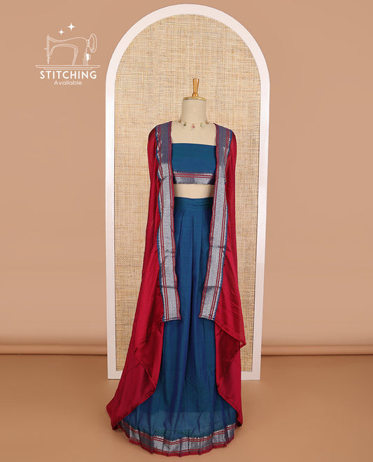 Blue cotton half saree with contrast intricate zari design border, zari design blouse & plain, zari design border dhavani