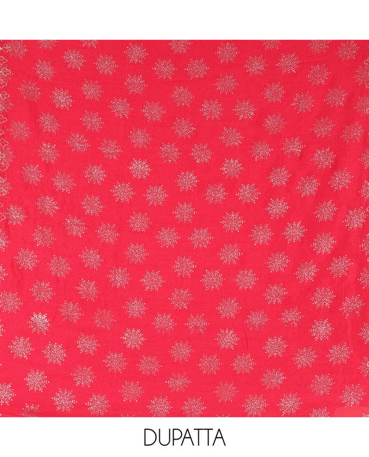 Magenta Semi-Silk Material Churidar Set, Floral Embroidered Top, a Matching Bottom, and a Scallop Foil Printed Dupatta