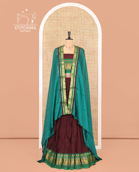 Dark Maroon-Green Chettinad Cotton Half-Saree Set Featuring a Plain Skirt, Contrast Traditional Border, Matching Blouse, and Contrast Syska Georgette Dhavani