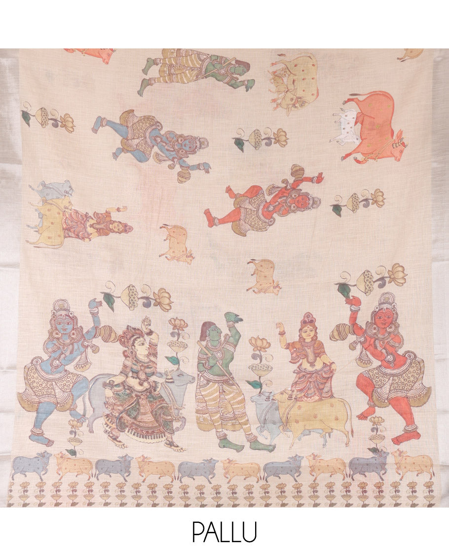Cream Linen Saree Features Ancient Human Figurines, Floral, and Pichwai Cow, a Zari Border, Kalamkari Pallu, and Matching Blouse