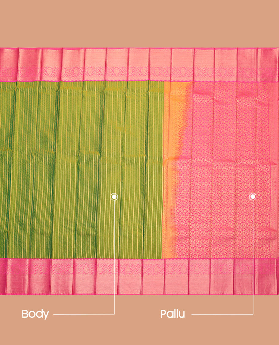 Green Budget Silk Saree, Steeped in Richness of Zari Stripes, Complemented by a Contrast Traditional Zari Border, Grand Pallu, and a Contrast Blouse