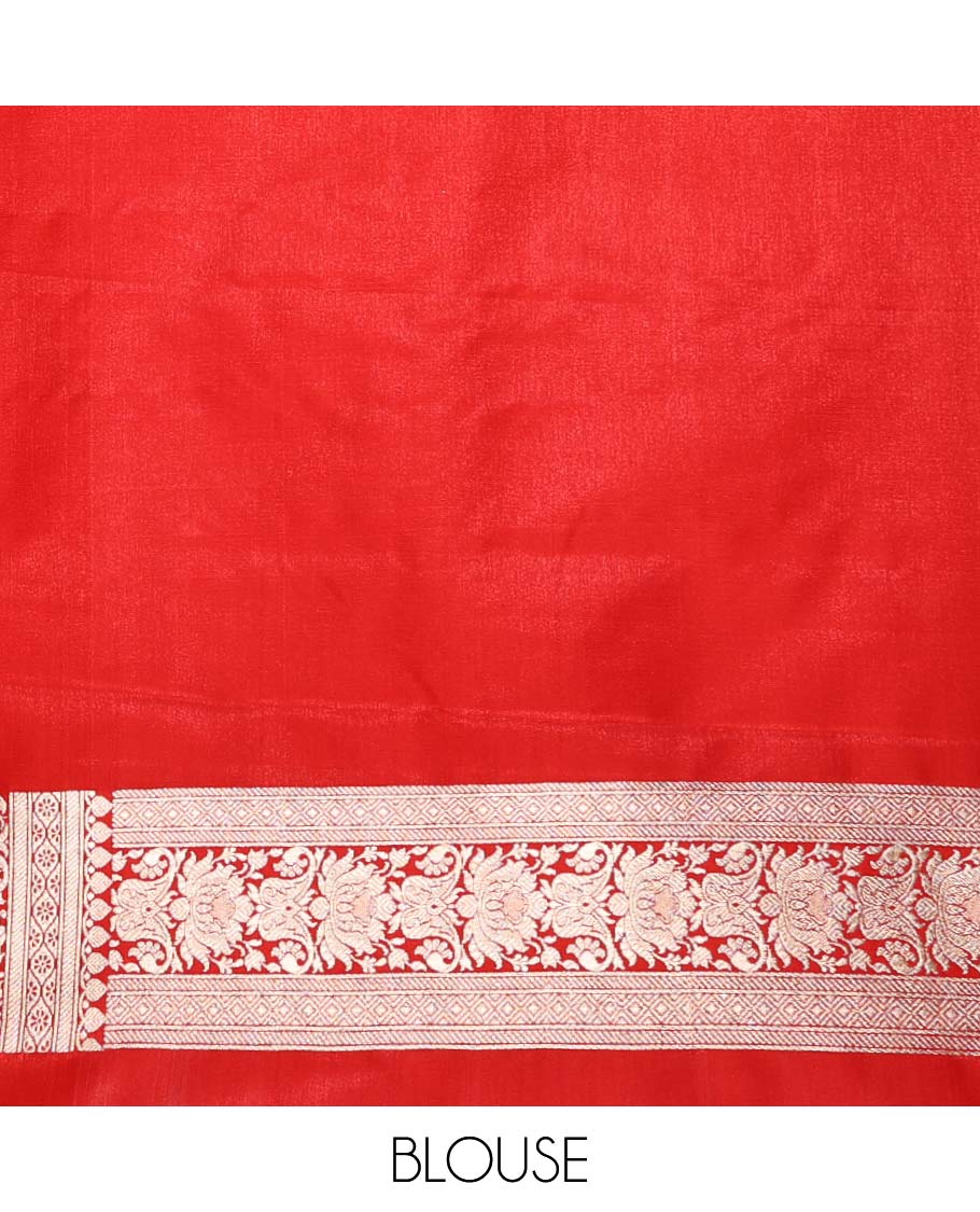 Peach floral buttas semi banaras nylon saree with contrast traditional zari design border & floral zari design pallu
